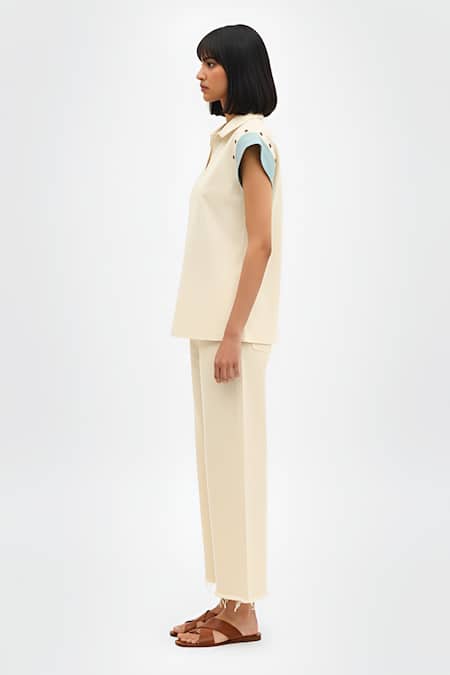 Shop_Neora By Nehal Chopra_Ivory Twill Studs, Piping Collared, V-neck Colorblock Top And Pant Set _Online_at_Aza_Fashions