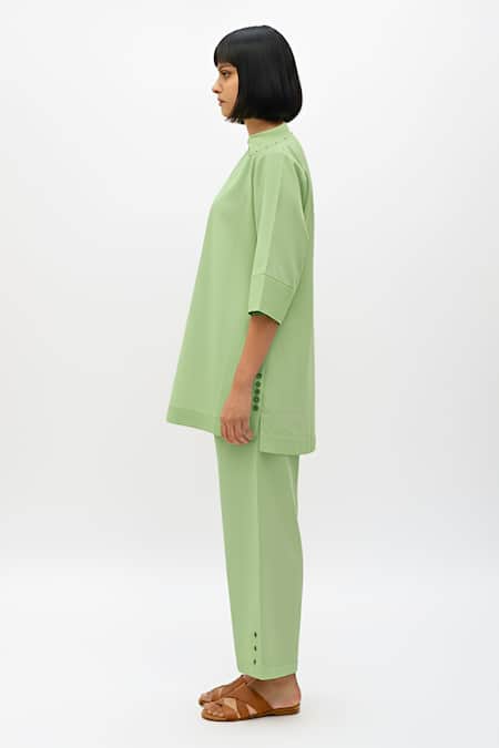 Buy_Neora By Nehal Chopra_Green Twill Stones, Embroidery Collared, Button-down Asparagus Top And Pant Set _Online_at_Aza_Fashions