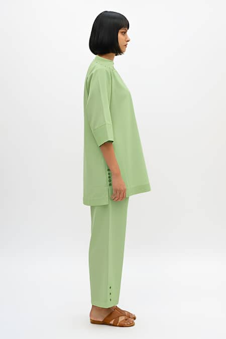 Shop_Neora By Nehal Chopra_Green Twill Stones, Embroidery Collared, Button-down Asparagus Top And Pant Set _Online_at_Aza_Fashions