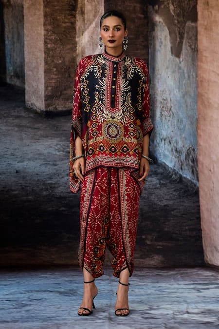 Rajdeep Ranawat_Red Silk Mandarin Collar Bethari Chanel Tunic _Online_at_Aza_Fashions