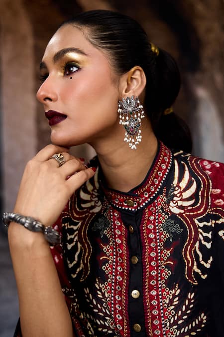 Shop_Rajdeep Ranawat_Red Silk Mandarin Collar Bethari Chanel Tunic _Online_at_Aza_Fashions