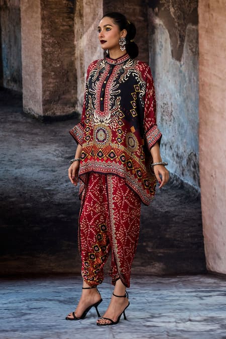 Shop_Rajdeep Ranawat_Red Modal, Satin Bethari Sonth Dhoti Pant _Online_at_Aza_Fashions