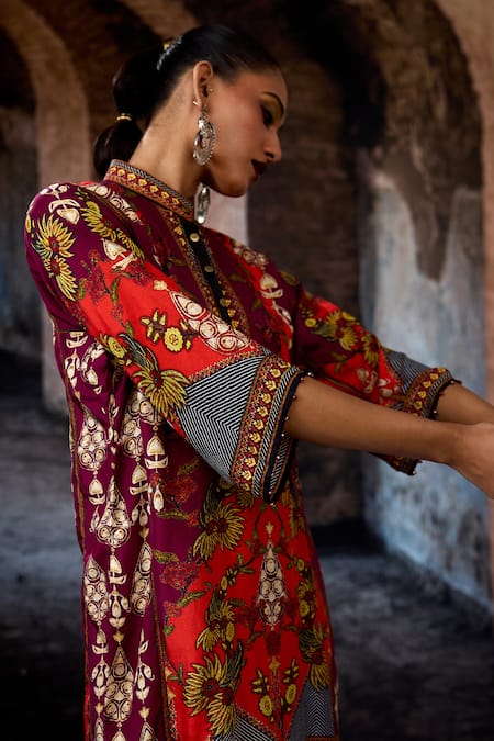 Shop_Rajdeep Ranawat_Maroon Silk Mandarin Collar, Button-down Neck Bethari Ghazal Tunic _Online_at_Aza_Fashions