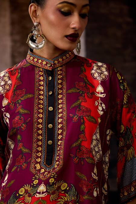 Shop_Rajdeep Ranawat_Maroon Silk Mandarin Collar, Button-down Neck Bethari Ghazal Tunic 
