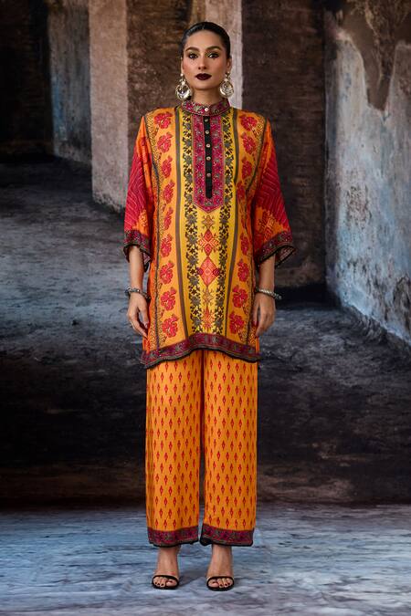 Buy_Rajdeep Ranawat_Yellow Silk Embroidery, Stones Collared, Button-down Neck Bethari Ghazal Tunic _Online_at_Aza_Fashions