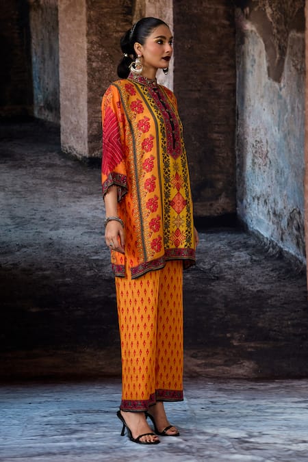 Shop_Rajdeep Ranawat_Yellow Silk Embroidery, Stones Collared, Button-down Neck Bethari Ghazal Tunic _Online_at_Aza_Fashions