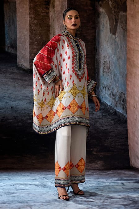 Shop Rajdeep Ranawat Multi Color Silk Embroidery, Foil Printing Mandarin Collar, Bethari Chanel Tunic Online at Aza Fashions Shop_Rajdeep Ranawat_Multi Color Silk Embroidery, Foil Printing Mandarin Collar, Bethari Chanel Tunic _Online_at_Aza_Fashions