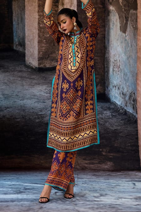 Shop_Rajdeep Ranawat_Purple Silk Mandarin Collar Bethari Ramin Kurta _Online_at_Aza_Fashions