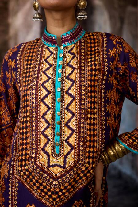 Buy_Rajdeep Ranawat_Purple Silk Mandarin Collar Bethari Ramin Kurta 