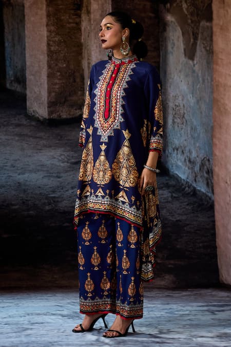 Buy_Rajdeep Ranawat_Navy Silk Embroidery Mandarin Collar Bethari Tunic _Online_at_Aza_Fashions