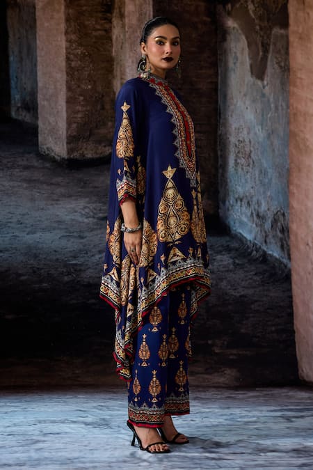 Shop_Rajdeep Ranawat_Navy Silk Embroidery Mandarin Collar Bethari Tunic _Online_at_Aza_Fashions