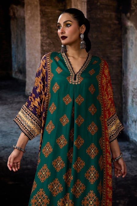 Shop_Rajdeep Ranawat_Multi Color Silk Split V-neck Bethari Banera Tunic _Online_at_Aza_Fashions