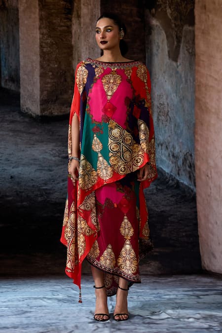 Rajdeep Ranawat_Multi Color Silk Foil Printing Boat Neck Bethari Kamini Skirt Set _Online_at_Aza_Fashions