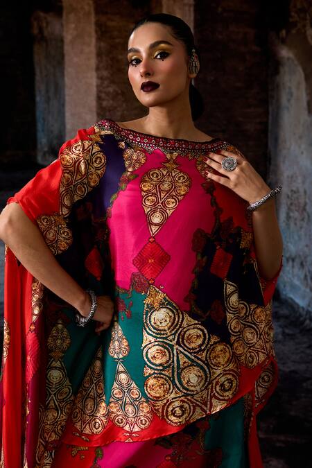 Buy_Rajdeep Ranawat_Multi Color Silk Foil Printing Boat Neck Bethari Kamini Skirt Set _Online_at_Aza_Fashions