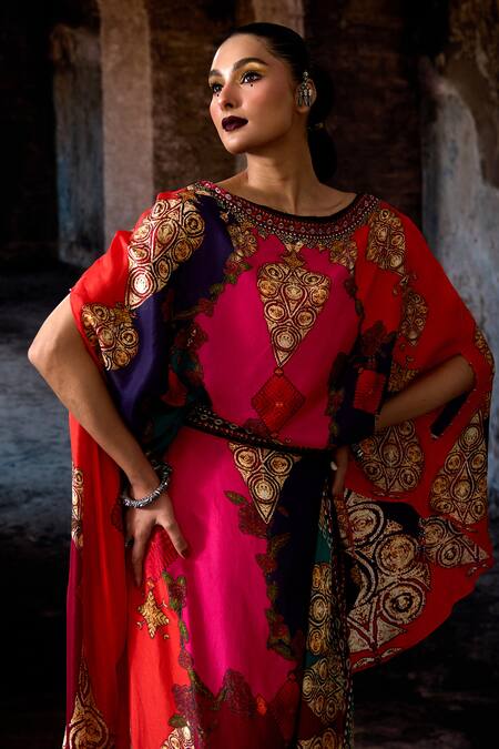 Shop_Rajdeep Ranawat_Multi Color Silk Foil Printing Boat Neck Bethari Kamini Skirt Set _Online_at_Aza_Fashions