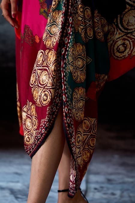 Buy_Rajdeep Ranawat_Multi Color Silk Foil Printing Boat Neck Bethari Kamini Skirt Set 