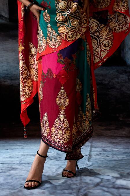Shop_Rajdeep Ranawat_Multi Color Silk Foil Printing Boat Neck Bethari Kamini Skirt Set 