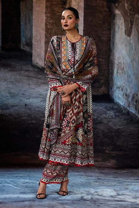 Buy_Rajdeep Ranawat_Maroon Silk Tassels Round Neck Bethari Anisha Anarkali _Online_at_Aza_Fashions