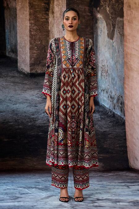 Shop_Rajdeep Ranawat_Maroon Silk Tassels Round Neck Bethari Anisha Anarkali _Online_at_Aza_Fashions