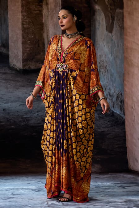 Shop Rajdeep Ranawat Purple Silk Embroidery, Gemstones V-neck Bethari Imama Kaftan Online at Aza Fashions Shop_Rajdeep Ranawat_Purple Silk Embroidery, Gemstones V-neck Bethari Imama Kaftan _Online_at_Aza_Fashions