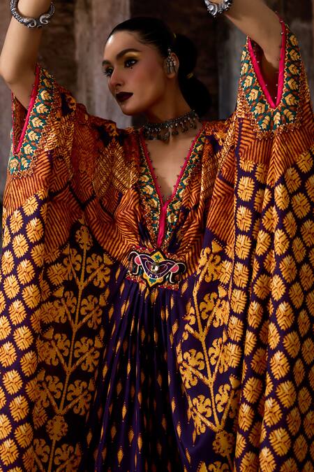 Buy Rajdeep Ranawat Purple Silk Embroidery, Gemstones V-neck Bethari Imama Kaftan Buy_Rajdeep Ranawat_Purple Silk Embroidery, Gemstones V-neck Bethari Imama Kaftan