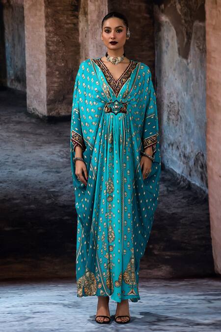 Rajdeep Ranawat_Turquoise Silk Embroidery, Beads V-neck Bethari Imama Kaftan _Online_at_Aza_Fashions