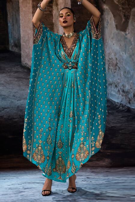 Shop_Rajdeep Ranawat_Turquoise Silk Embroidery, Beads V-neck Bethari Imama Kaftan _Online_at_Aza_Fashions