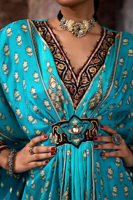Rajdeep Ranawat_Turquoise Silk Embroidery, Beads V-neck Bethari Imama Kaftan _at_Aza_Fashions