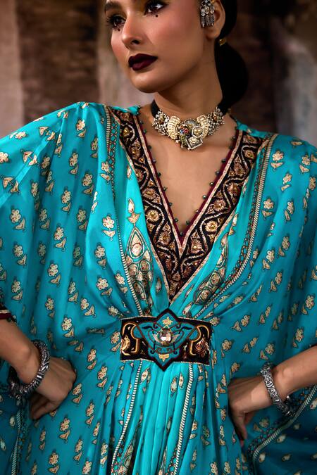 Buy_Rajdeep Ranawat_Turquoise Silk Embroidery, Beads V-neck Bethari Imama Kaftan 