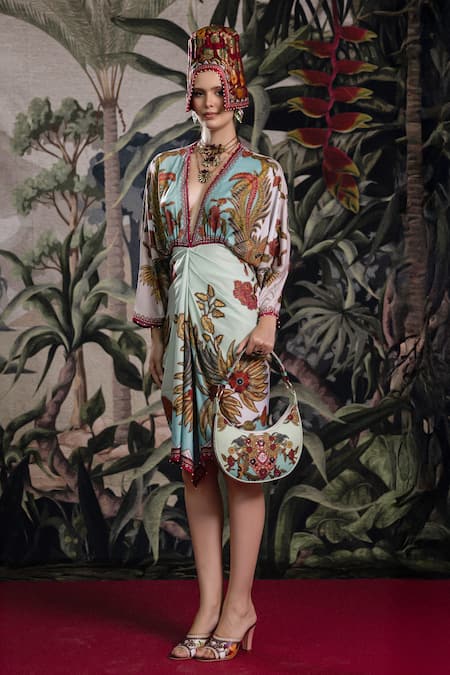 Rajdeep Ranawat_Aqua V-neck Bethari Nazma Dress _Online_at_Aza_Fashions