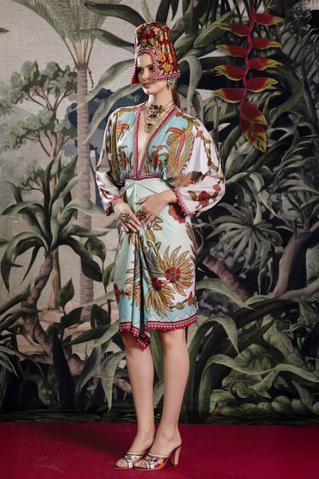 Buy_Rajdeep Ranawat_Aqua V-neck Bethari Nazma Dress _Online_at_Aza_Fashions