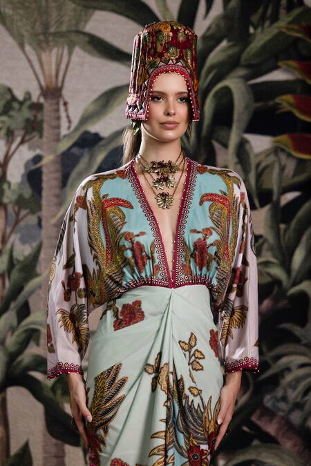 Shop_Rajdeep Ranawat_Aqua V-neck Bethari Nazma Dress _Online_at_Aza_Fashions