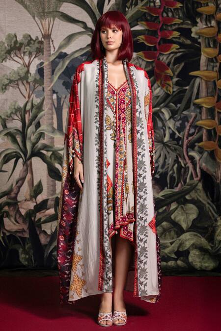 Rajdeep Ranawat_Off White Silk Tassels Split V-neck Bethari Kimono Kaftan _Online_at_Aza_Fashions