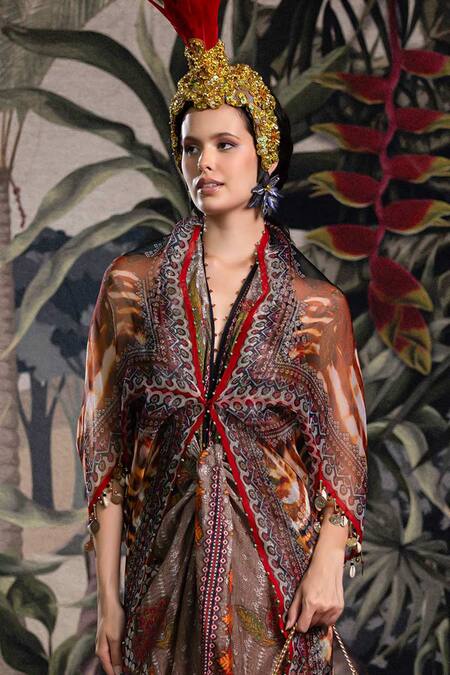 Buy_Rajdeep Ranawat_Beige Silk V-neck Bethari Trinika Dress _Online_at_Aza_Fashions