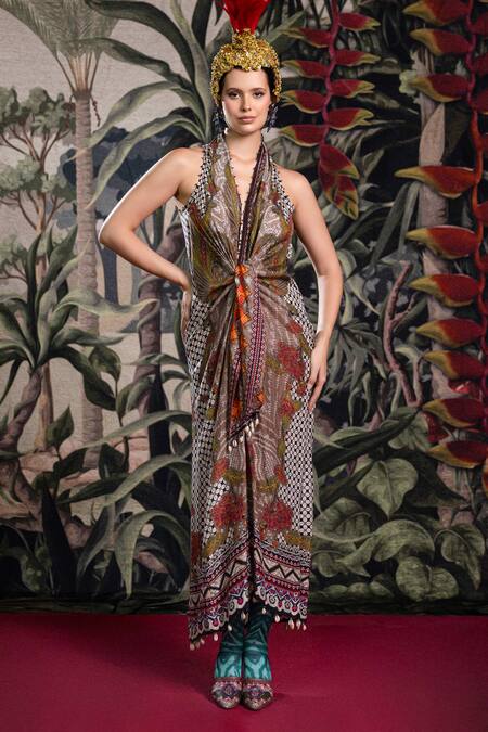 Shop_Rajdeep Ranawat_Beige Silk V-neck Bethari Trinika Dress _Online_at_Aza_Fashions