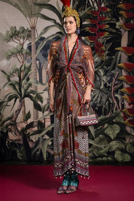 Rajdeep Ranawat_Teal Organza Tassels, Beads V-neck Bethari Isabella Kaftan _Online_at_Aza_Fashions