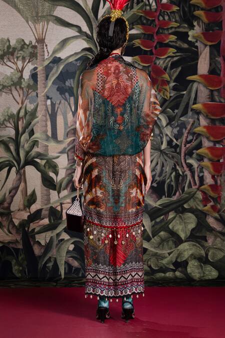 Buy_Rajdeep Ranawat_Teal Organza Tassels, Beads V-neck Bethari Isabella Kaftan _Online_at_Aza_Fashions