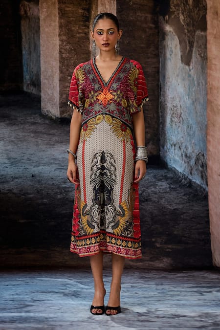 Rajdeep Ranawat_Off White Linen V-neck Bethari Sabrina Dress _Online_at_Aza_Fashions