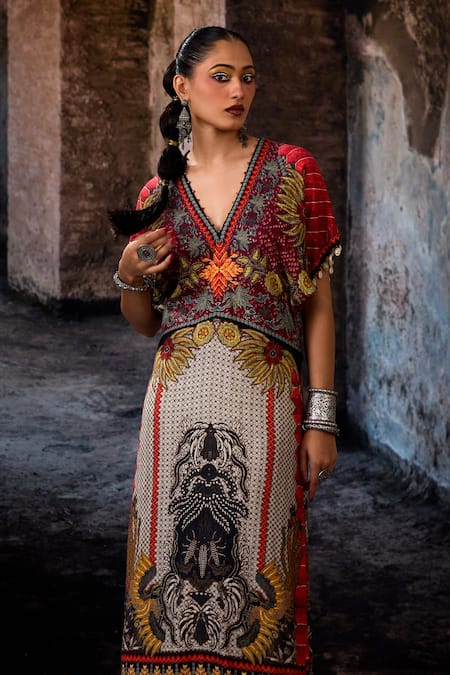 Buy_Rajdeep Ranawat_Off White Linen V-neck Bethari Sabrina Dress _Online_at_Aza_Fashions