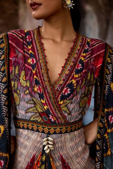 Rajdeep Ranawat_Off White Silk, Crepe V-neck Bethari Apsara Gown _Online_at_Aza_Fashions