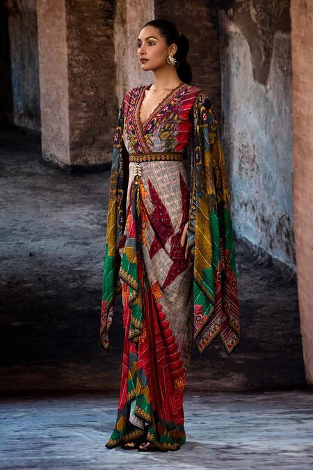 Buy_Rajdeep Ranawat_Off White Silk, Crepe V-neck Bethari Apsara Gown _Online_at_Aza_Fashions