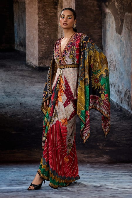 Shop_Rajdeep Ranawat_Off White Silk, Crepe V-neck Bethari Apsara Gown _Online_at_Aza_Fashions