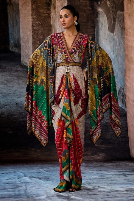 Rajdeep Ranawat_Off White Silk, Crepe V-neck Bethari Apsara Gown _at_Aza_Fashions