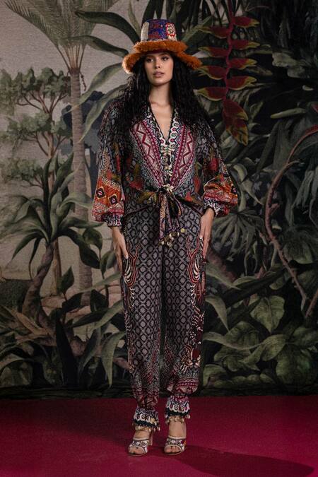 Rajdeep Ranawat_Black Linen Tassels V-neck Bethari Venice Tunic And Palazzo Set _Online_at_Aza_Fashions