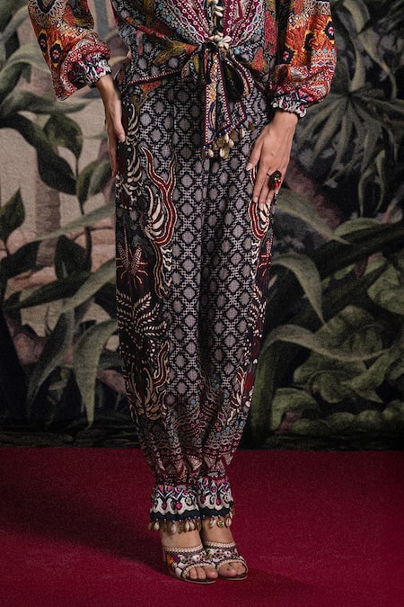 Shop_Rajdeep Ranawat_Black Linen Tassels V-neck Bethari Venice Tunic And Palazzo Set _Online_at_Aza_Fashions