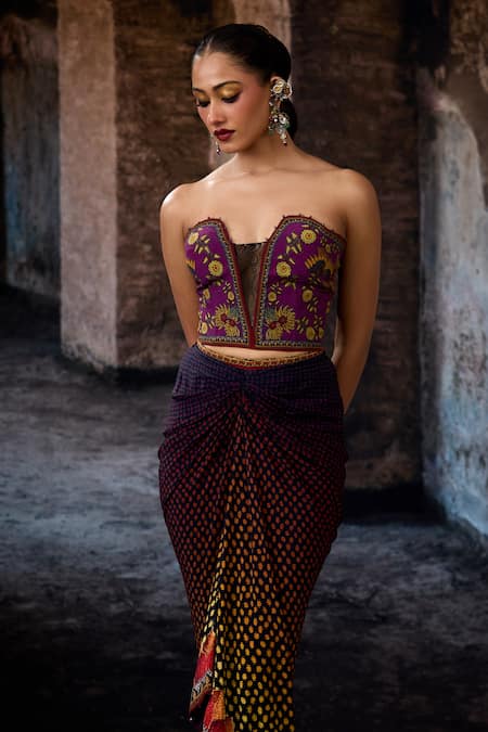 Buy_Rajdeep Ranawat_Purple Crepe Embroidery Sweetheart Neck Bethari Corset _Online_at_Aza_Fashions