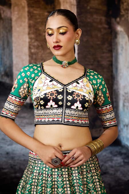 Rajdeep Ranawat_Green Dupion, Lycra, Kota Doria, Silk Zari, Embroidery Bethari Leela Skirt Set _Online_at_Aza_Fashions