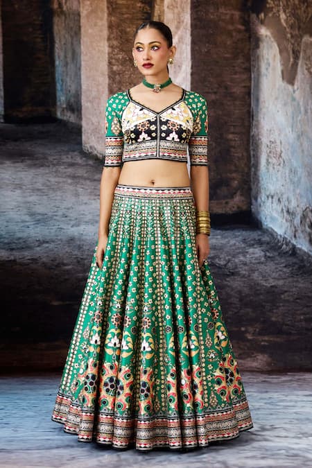 Buy_Rajdeep Ranawat_Green Dupion, Lycra, Kota Doria, Silk Zari, Embroidery Bethari Leela Skirt Set _Online_at_Aza_Fashions