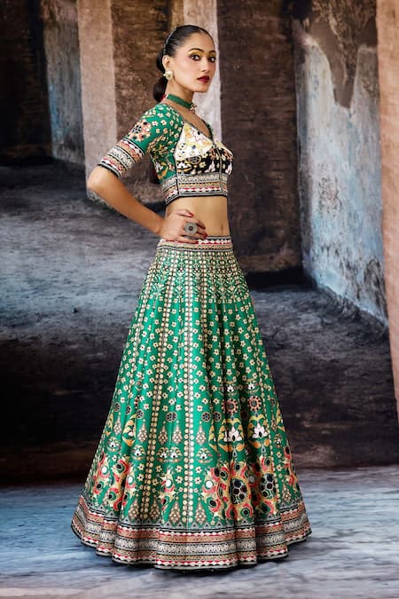 Rajdeep Ranawat_Green Dupion, Lycra, Kota Doria, Silk Zari, Embroidery Bethari Leela Skirt Set _at_Aza_Fashions
