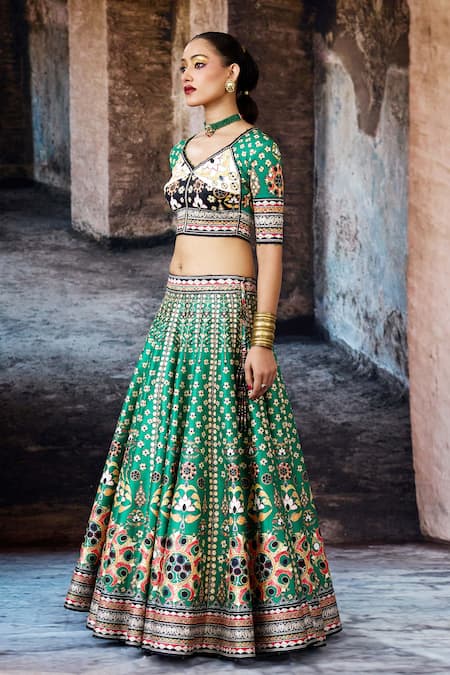 Buy_Rajdeep Ranawat_Green Dupion, Lycra, Kota Doria, Silk Zari, Embroidery Bethari Leela Skirt Set 